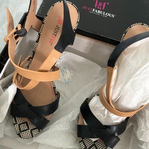 faux snake skin strappy beige and black stiletto